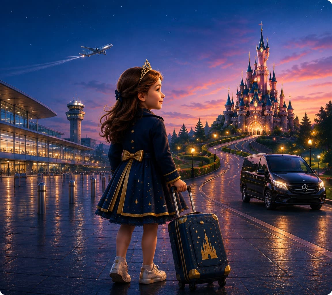 Illustration d'une petite fille avec sa valise devant le château de Disneyland Paris, van premium garé sur la route, aéroport CDG en arrière-plan