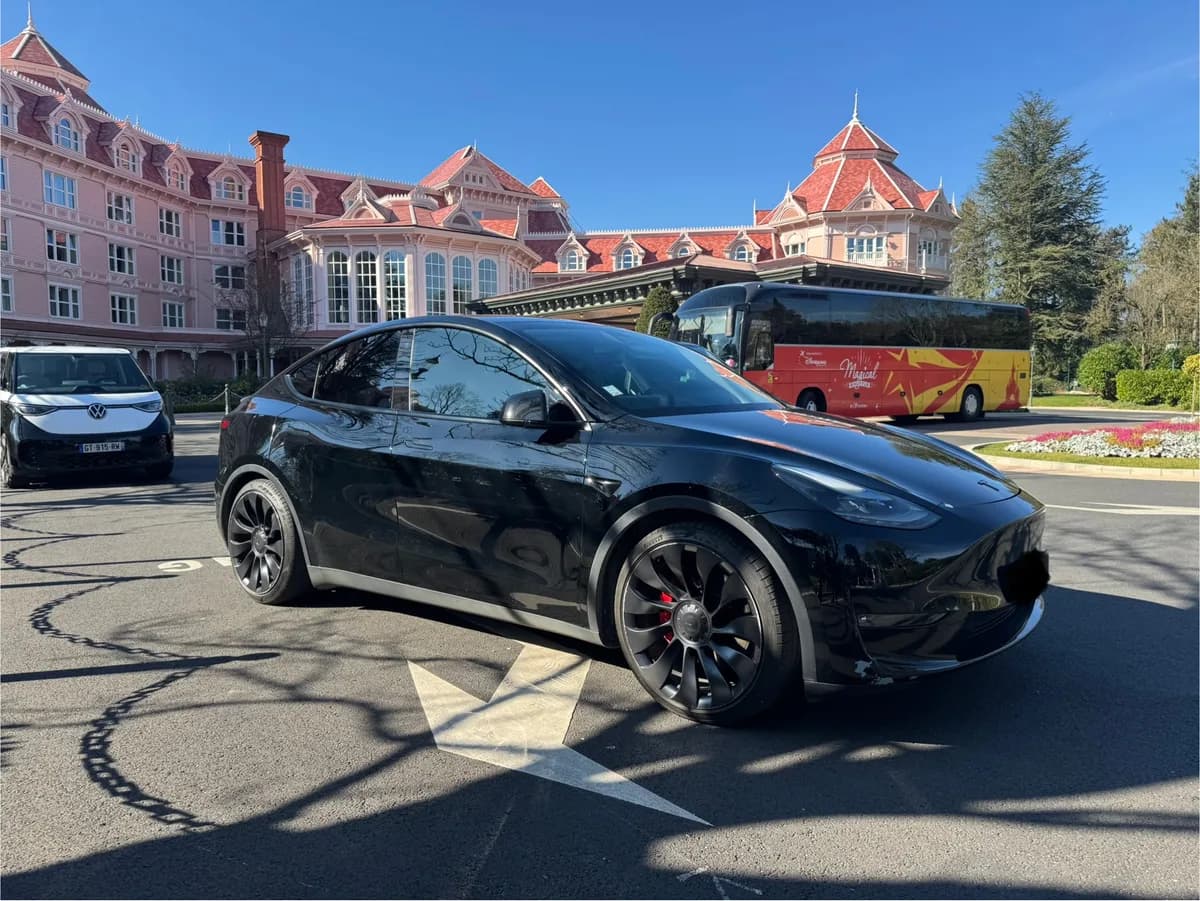 Obrigado Transports Tesla outside the Disneyland Hotel
